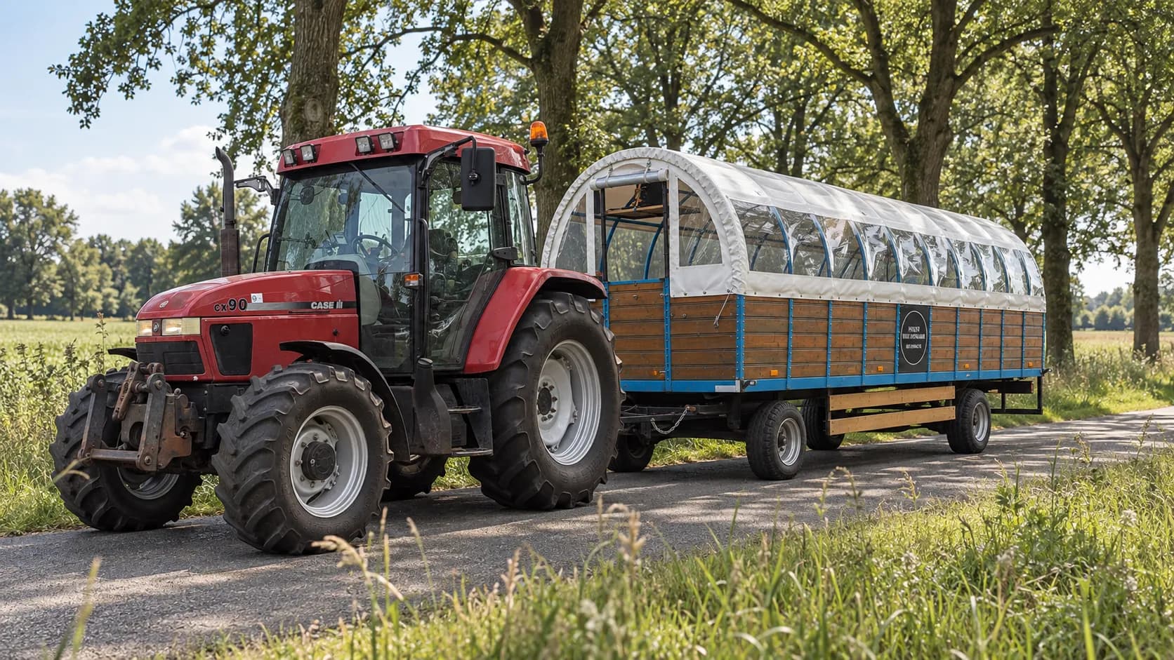 Rode tractor met de witte Konings-huifkar op een landweg